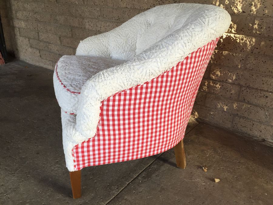Vintage Arm Chair Upholstered With A Vintage Chenille Bedspread - Comes With 3 Pillows [Photo 7]