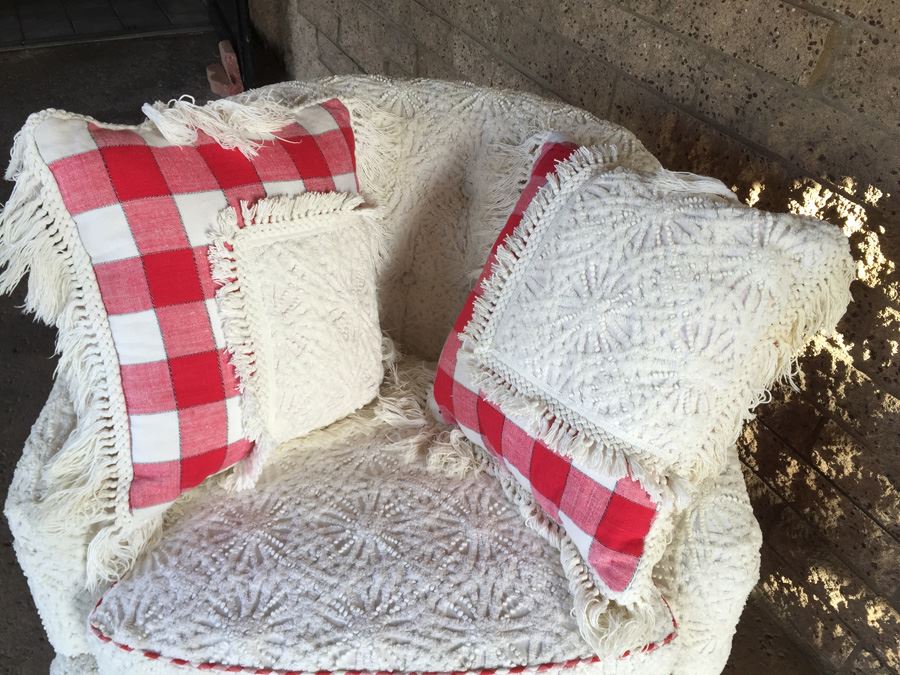 Vintage Arm Chair Upholstered With A Vintage Chenille Bedspread - Comes With 3 Pillows [Photo 3]
