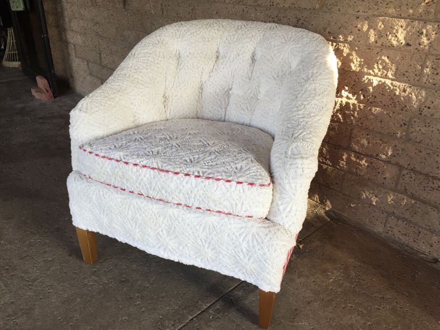 Vintage Arm Chair Upholstered With A Vintage Chenille Bedspread - Comes With 3 Pillows [Photo 4]