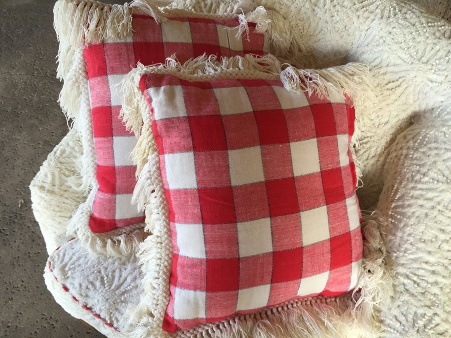 Vintage Arm Chair Upholstered With A Vintage Chenille Bedspread - Comes With 3 Pillows [Photo 13]