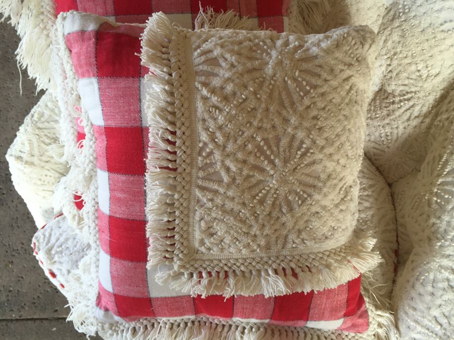 Vintage Arm Chair Upholstered With A Vintage Chenille Bedspread - Comes With 3 Pillows [Photo 12]