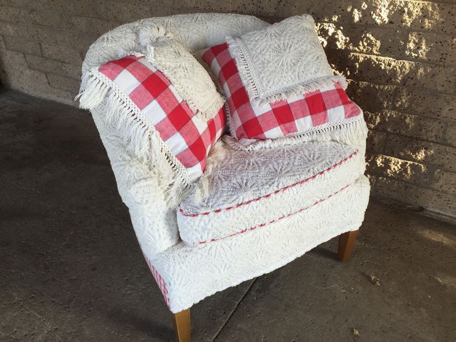 Vintage Arm Chair Upholstered With A Vintage Chenille Bedspread - Comes With 3 Pillows [Photo 15]