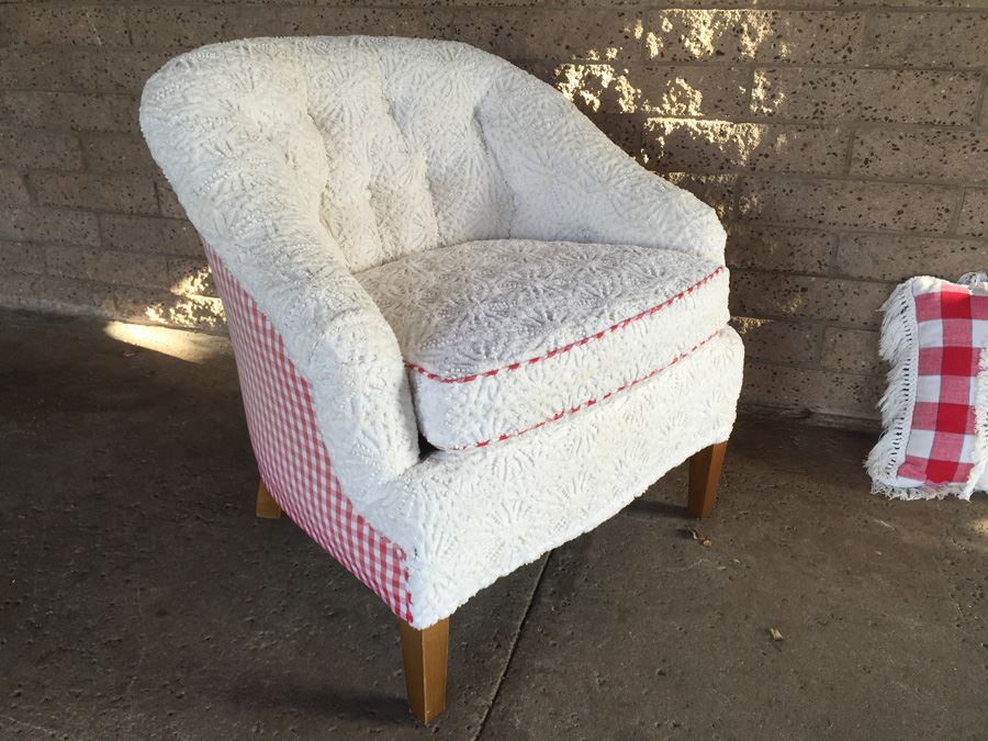 Vintage Arm Chair Upholstered With A Vintage Chenille Bedspread - Comes With 3 Pillows [Photo 9]