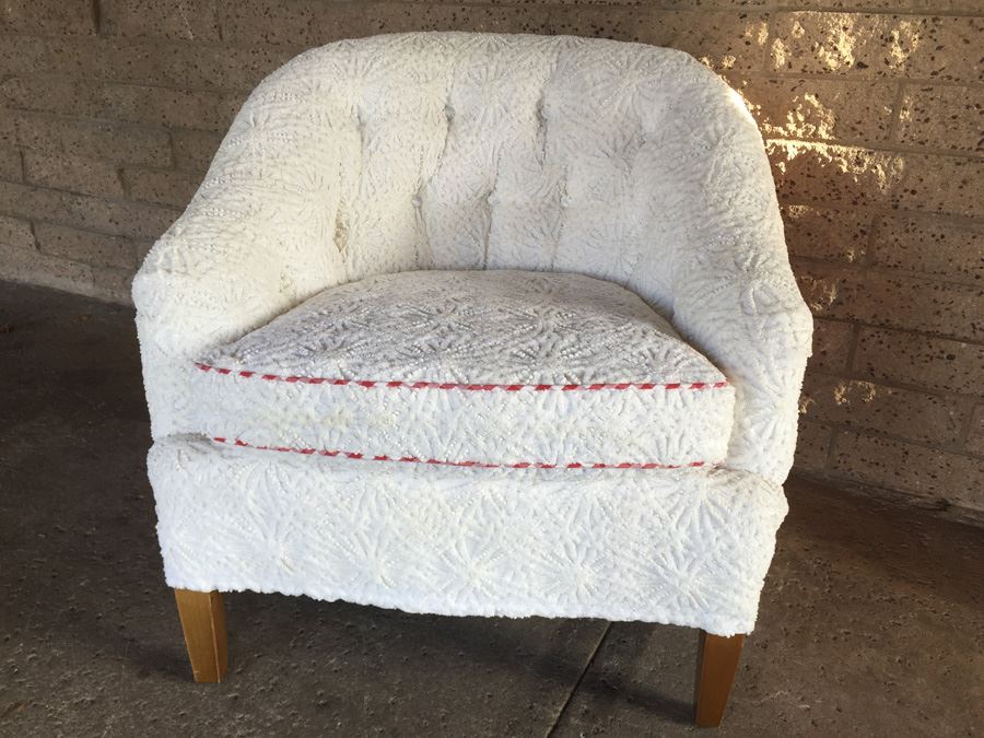 Vintage Arm Chair Upholstered With A Vintage Chenille Bedspread - Comes With 3 Pillows