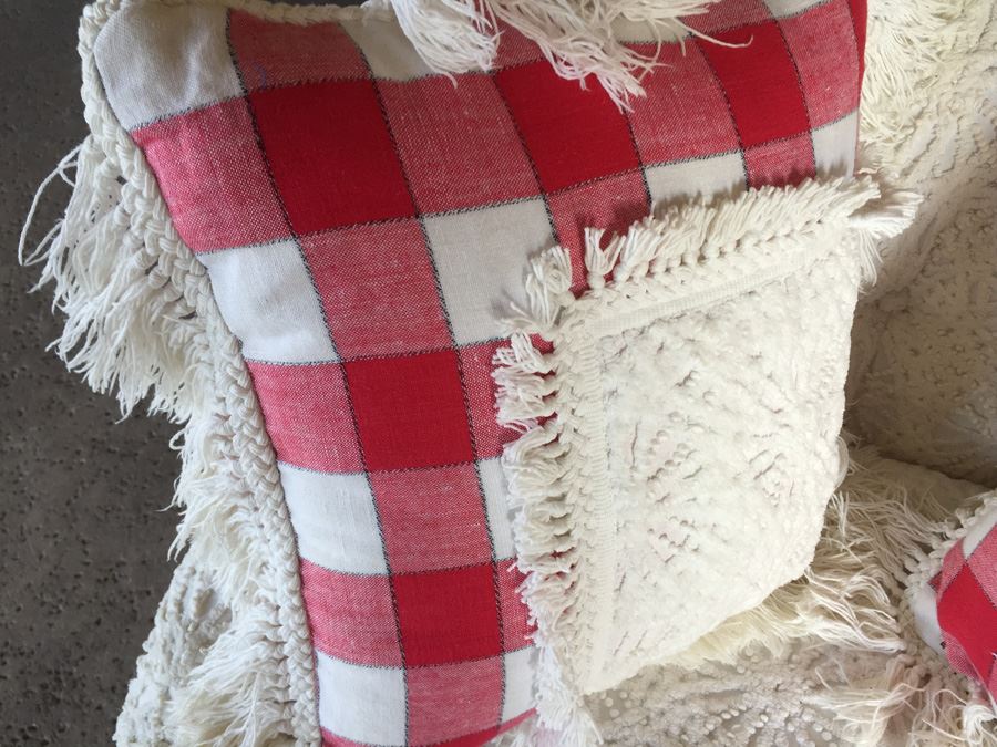 Vintage Arm Chair Upholstered With A Vintage Chenille Bedspread - Comes With 3 Pillows [Photo 10]