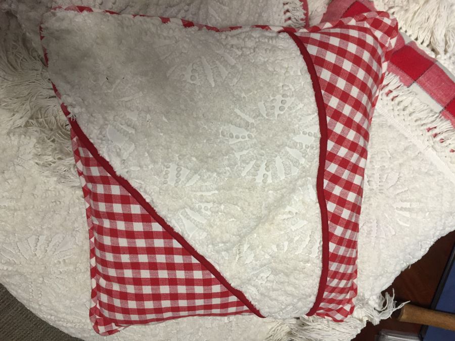 Vintage Arm Chair Upholstered With A Vintage Chenille Bedspread - Comes With 3 Pillows [Photo 16]