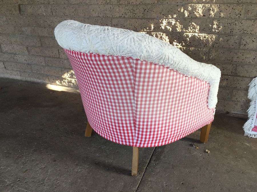 Vintage Arm Chair Upholstered With A Vintage Chenille Bedspread - Comes With 3 Pillows [Photo 2]