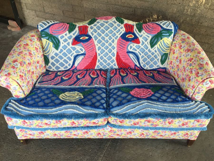 Vintage Loveseat Upholstered With A Vintage Chenille Peacock Bedspread [Photo 1]