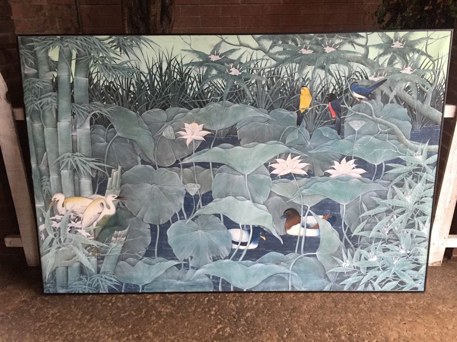 Large Original Bird Scenery Painting From Ubud Bali Indonesia On Fabric Estimate $500 [Photo 1]