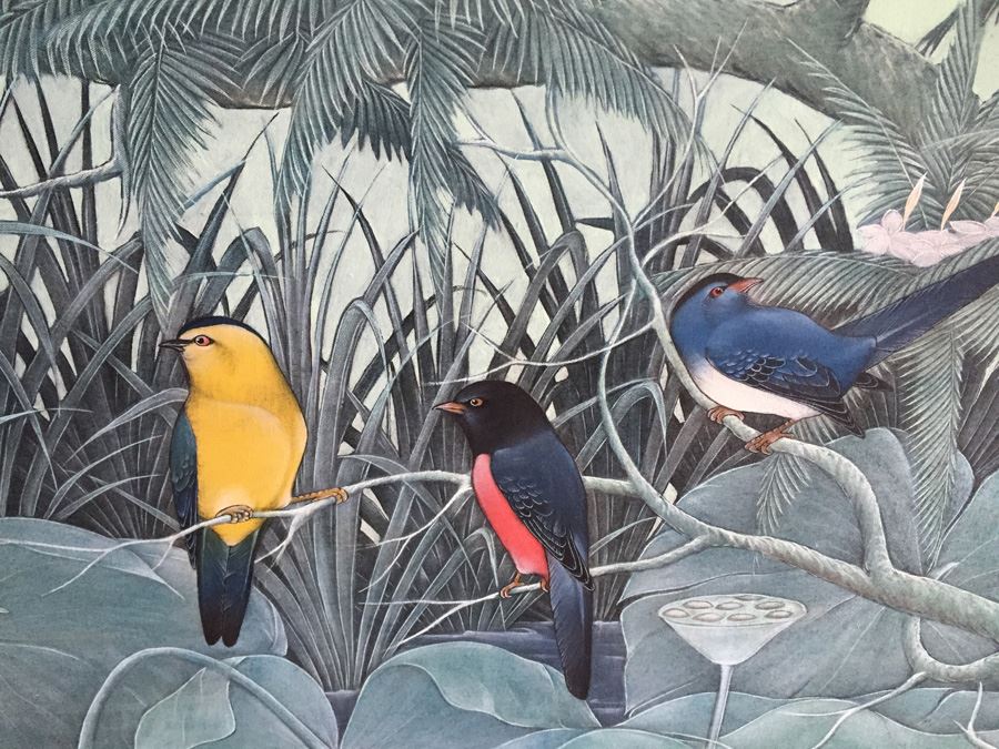 Large Original Bird Scenery Painting From Ubud Bali Indonesia On Fabric Estimate $500 [Photo 2]