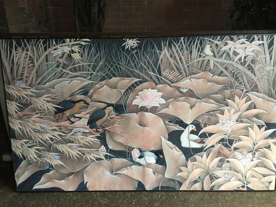 Large Original Bird Scenery Painting From Ubud Bali Indonesia On Fabric Estimate $500 [Photo 1]