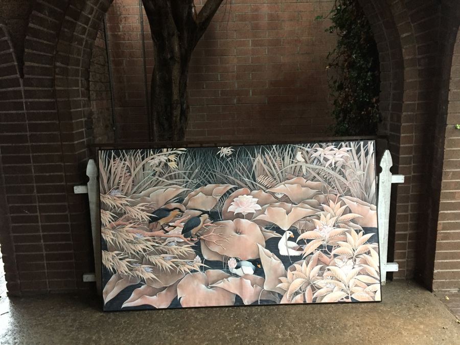 Large Original Bird Scenery Painting From Ubud Bali Indonesia On Fabric Estimate $500 [Photo 4]