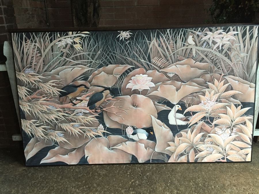 Large Original Bird Scenery Painting From Ubud Bali Indonesia On Fabric Estimate $500 [Photo 5]
