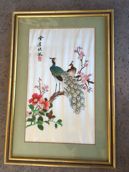 Pair Of Vintage Framed Chinese Silk Embroideries Hand Made