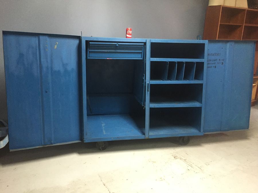 Industrial Blue Metal Cabinet On Casters Used by Post Office During Tax Season [Photo 2]
