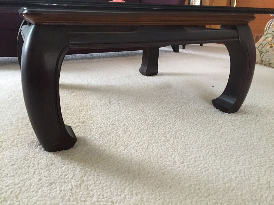 Wooden Base Asian Styled Coffee Table With Beveled Glass Top [Photo 8]