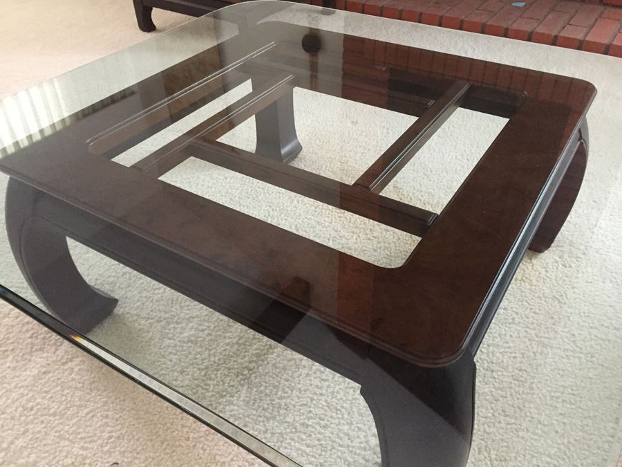 Wooden Base Asian Styled Coffee Table With Beveled Glass Top [Photo 5]