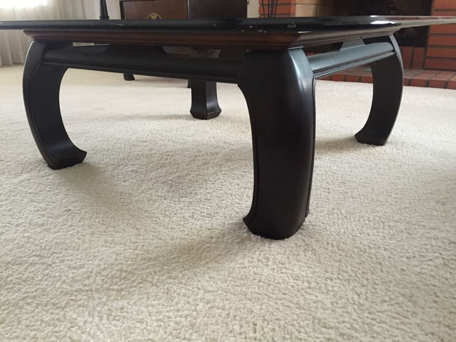 Wooden Base Asian Styled Coffee Table With Beveled Glass Top [Photo 2]