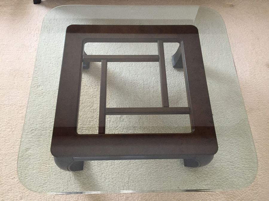 Wooden Base Asian Styled Coffee Table With Beveled Glass Top [Photo 3]