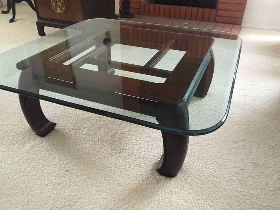 Wooden Base Asian Styled Coffee Table With Beveled Glass Top