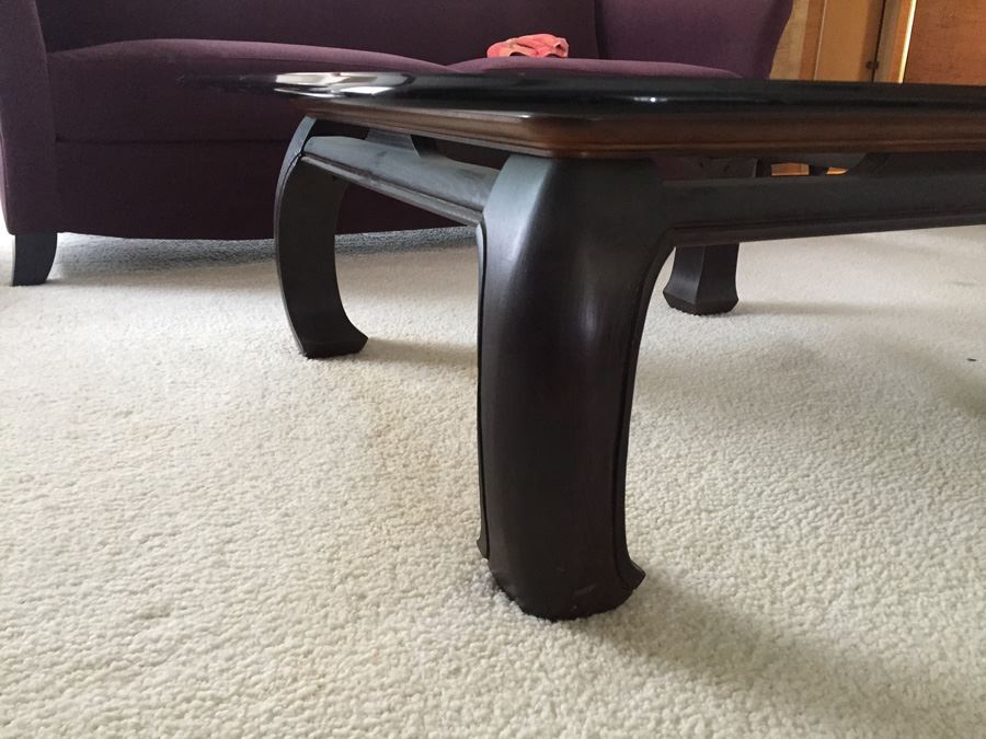 Wooden Base Asian Styled Coffee Table With Beveled Glass Top [Photo 9]