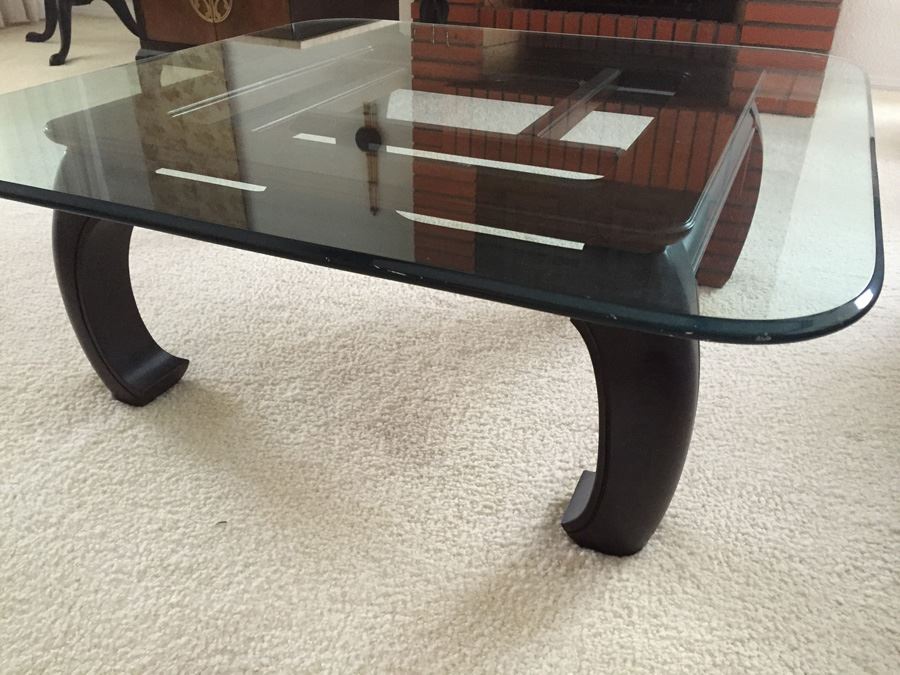 Wooden Base Asian Styled Coffee Table With Beveled Glass Top [Photo 4]