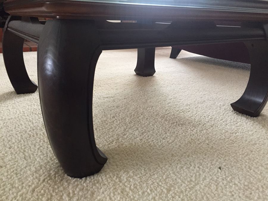 Wooden Base Asian Styled Coffee Table With Beveled Glass Top [Photo 7]