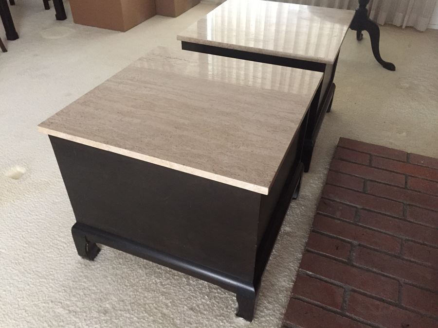 Pair Of Wooden Side Tables With Doors Accented With Brass Hardware And Travertine Tops [Photo 11]