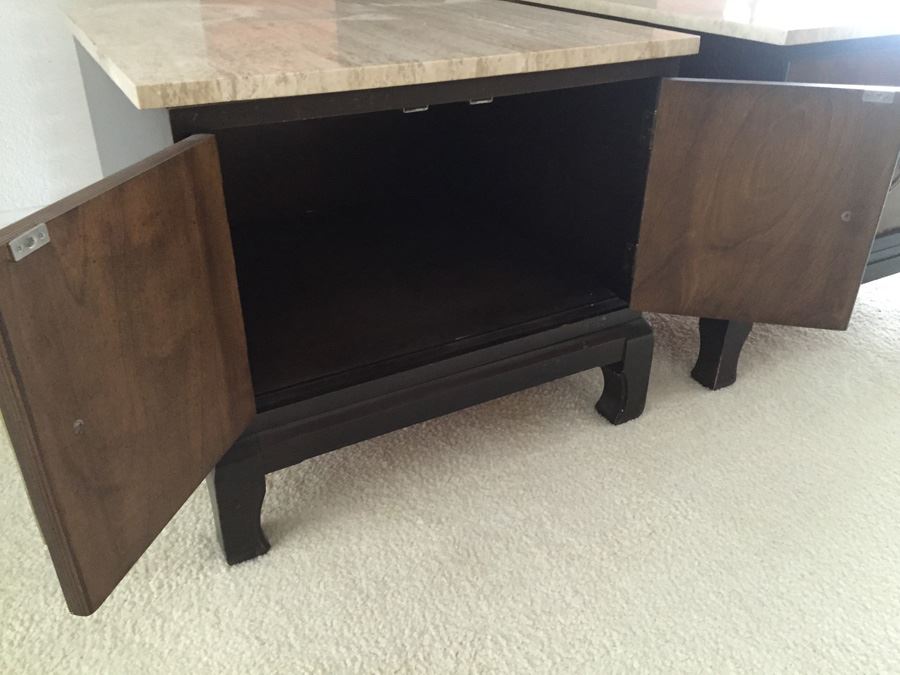 Pair Of Wooden Side Tables With Doors Accented With Brass Hardware And Travertine Tops [Photo 6]