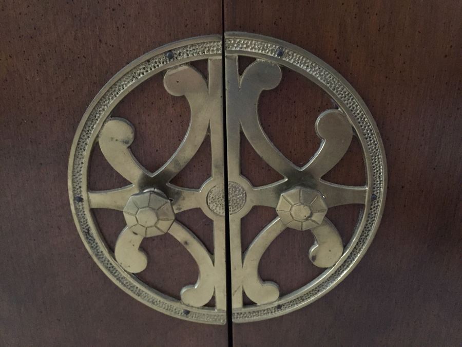 Pair Of Wooden Side Tables With Doors Accented With Brass Hardware And Travertine Tops [Photo 4]