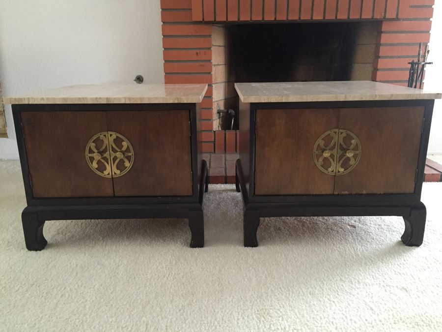 Pair Of Wooden Side Tables With Doors Accented With Brass Hardware And Travertine Tops