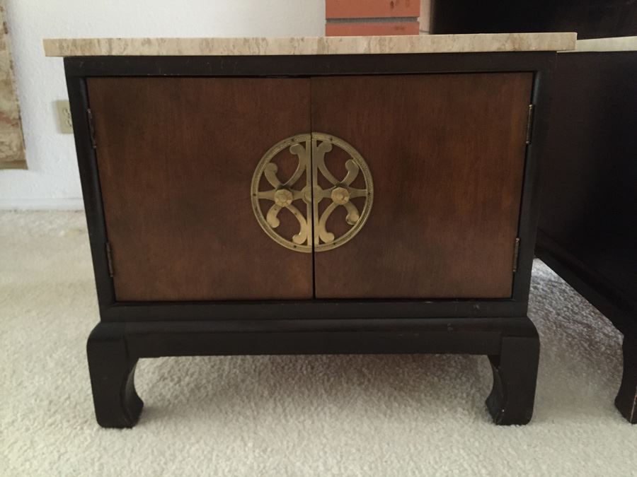 Pair Of Wooden Side Tables With Doors Accented With Brass Hardware And Travertine Tops [Photo 2]