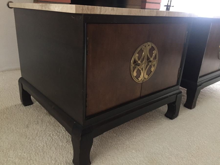 Pair Of Wooden Side Tables With Doors Accented With Brass Hardware And Travertine Tops [Photo 5]