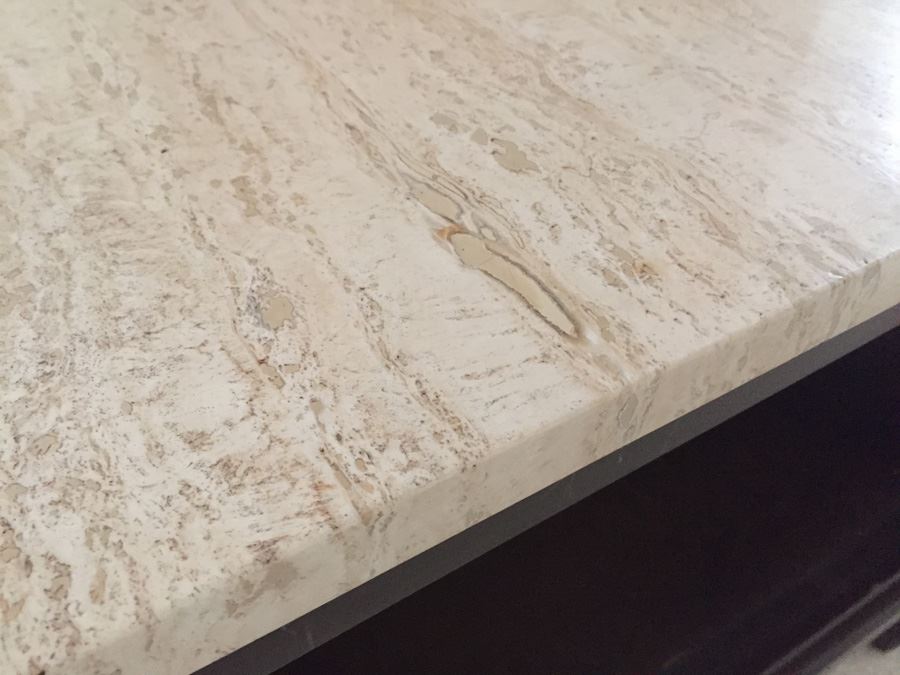 Pair Of Wooden Side Tables With Doors Accented With Brass Hardware And Travertine Tops [Photo 7]