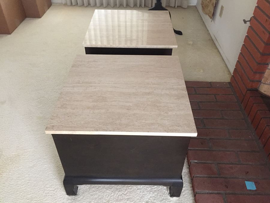Pair Of Wooden Side Tables With Doors Accented With Brass Hardware And Travertine Tops [Photo 10]