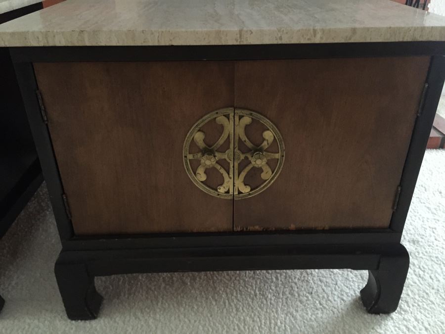 Pair Of Wooden Side Tables With Doors Accented With Brass Hardware And Travertine Tops [Photo 12]