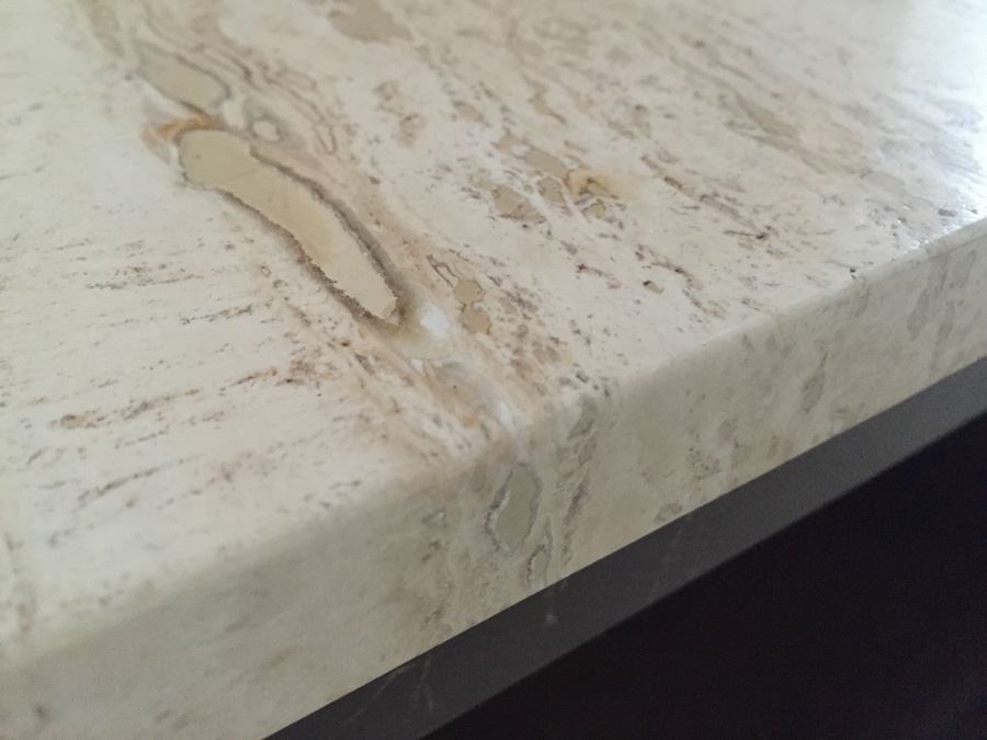 Pair Of Wooden Side Tables With Doors Accented With Brass Hardware And Travertine Tops [Photo 3]