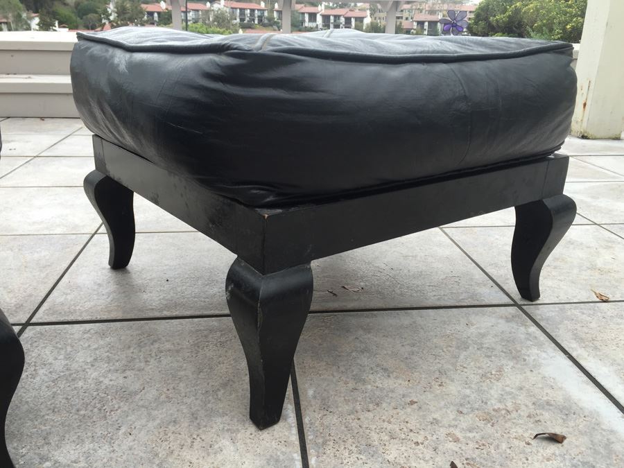 Pair Of Vintage Black Ottomans With Black Leather Cushions [Photo 2]