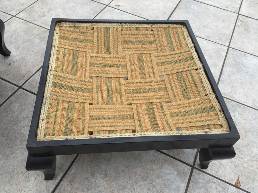 Pair Of Vintage Black Ottomans With Black Leather Cushions [Photo 3]