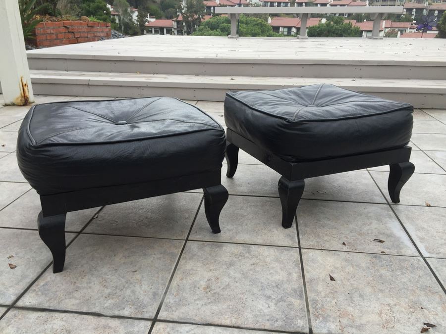 Pair Of Vintage Black Ottomans With Black Leather Cushions