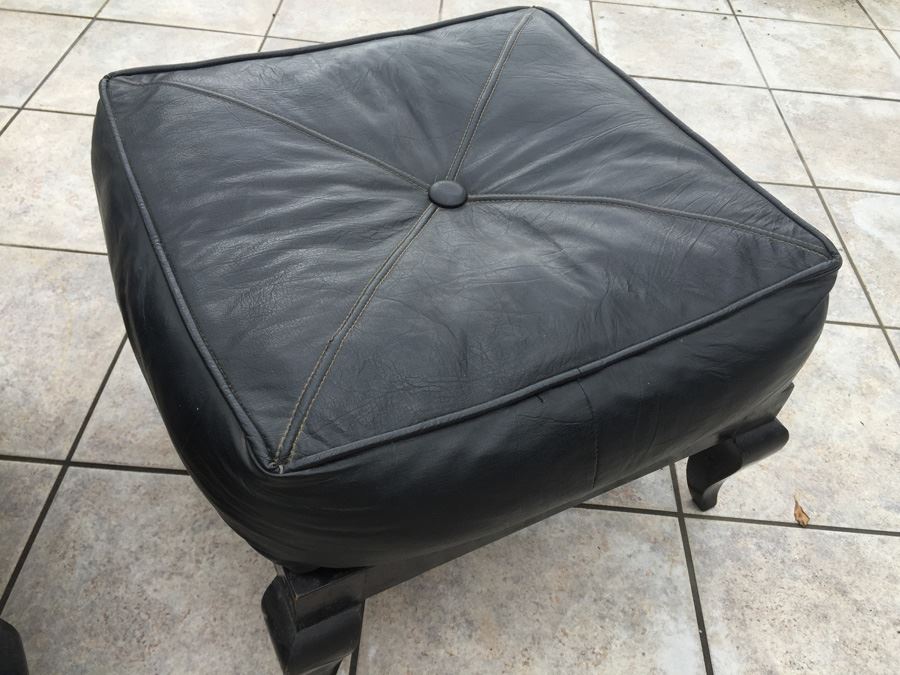 Pair Of Vintage Black Ottomans With Black Leather Cushions [Photo 6]