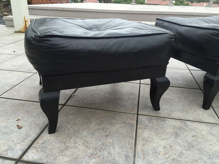 Pair Of Vintage Black Ottomans With Black Leather Cushions [Photo 4]