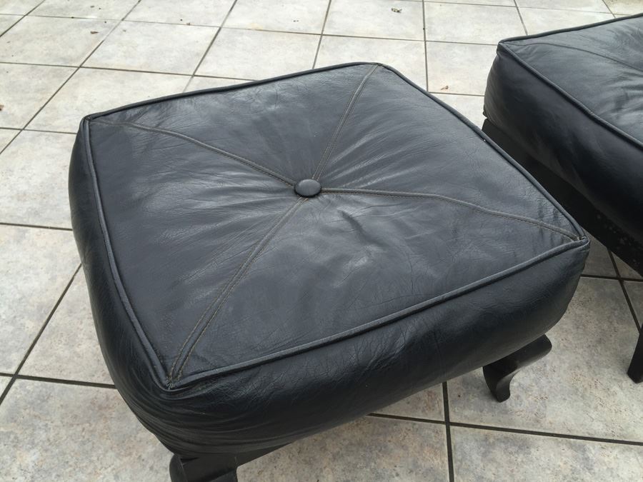Pair Of Vintage Black Ottomans With Black Leather Cushions [Photo 5]