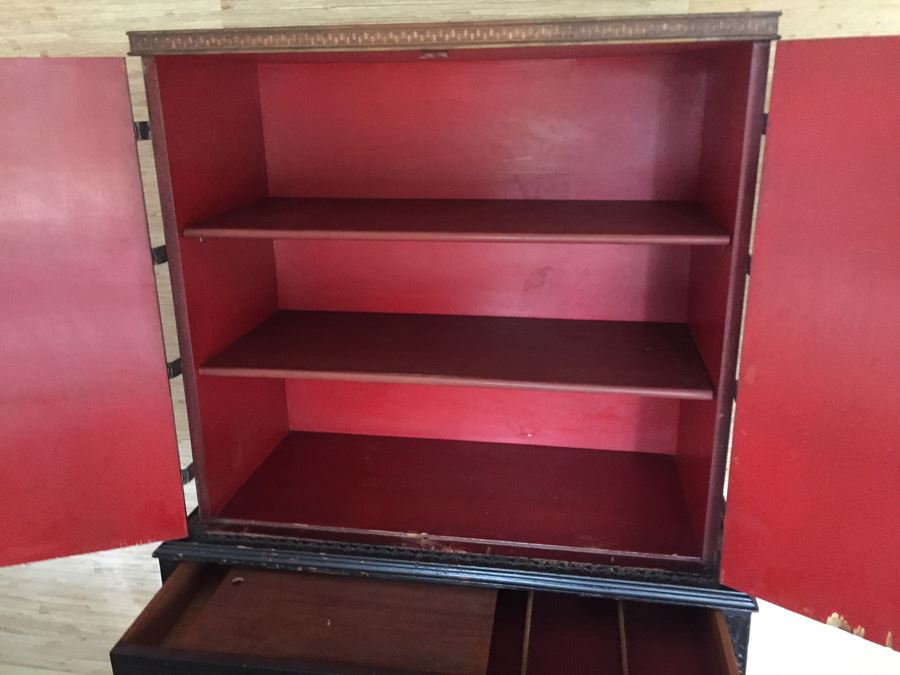 Chinoiserie Red Lacquer High Boy Double Door Chest And Stand - Estimate $1,500 [Photo 15]