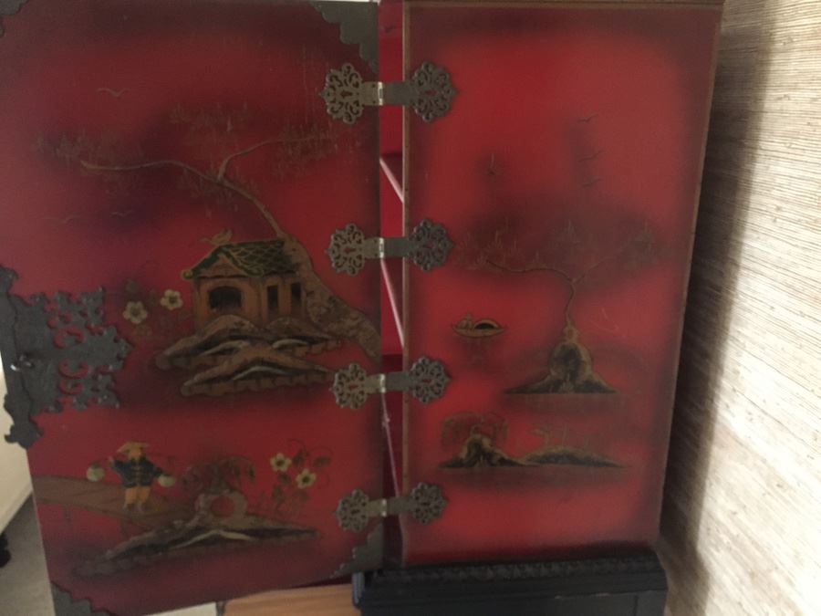 Chinoiserie Red Lacquer High Boy Double Door Chest And Stand - Estimate $1,500 [Photo 16]