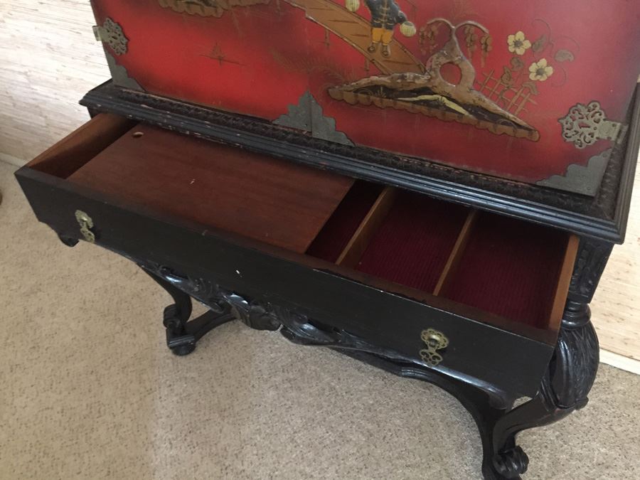 Chinoiserie Red Lacquer High Boy Double Door Chest And Stand - Estimate $1,500 [Photo 8]