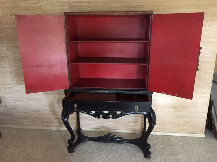 Chinoiserie Red Lacquer High Boy Double Door Chest And Stand - Estimate $1,500 [Photo 14]