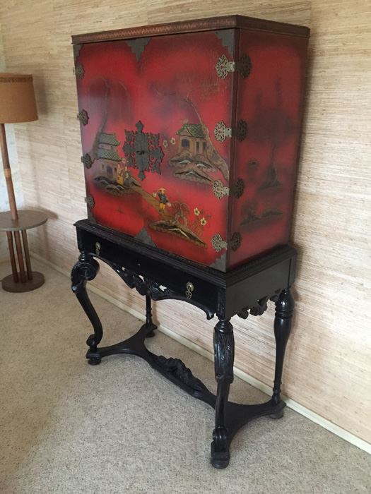 Chinoiserie Red Lacquer High Boy Double Door Chest And Stand - Estimate $1,500 [Photo 5]