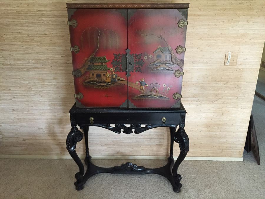Chinoiserie Red Lacquer High Boy Double Door Chest And Stand - Estimate $1,500 [Photo 1]
