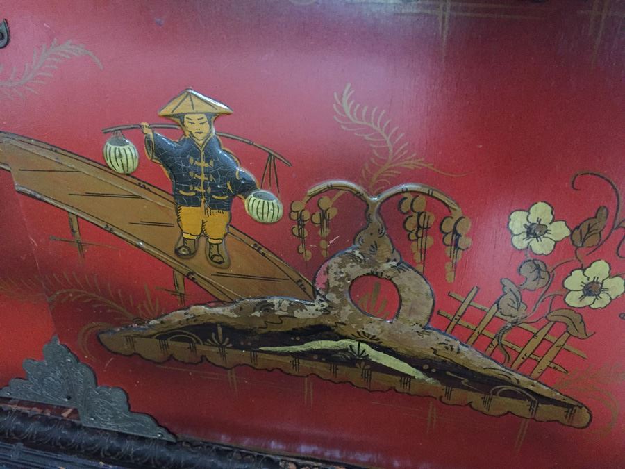 Chinoiserie Red Lacquer High Boy Double Door Chest And Stand - Estimate $1,500 [Photo 9]